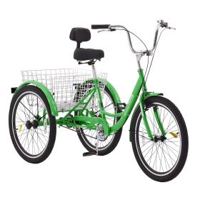 VEVOR Adult Tricycles Bike, 24 Inch Three-Wheeled Bicycles, 3 Wheel Bikes Trikes, Carbon Steel Cruiser Bike with Basket & Adjustable Seat (Color: Green, Wheel Diameter: 24 inch)