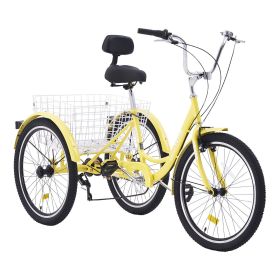 VEVOR Adult Tricycles Bike, 7 Speed Adult Trikes, 26 Inch Three-Wheeled Bicycles, Carbon Steel Cruiser Bike with Basket and Adjustable Seat (Color: Yellow, Wheel Diameter: 26 inches)