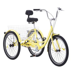 VEVOR Adult Tricycles Bike, 24 Inch Three-Wheeled Bicycles, 3 Wheel Bikes Trikes, Carbon Steel Cruiser Bike with Basket & Adjustable Seat (Color: Yellow, Wheel Diameter: 24 inch)