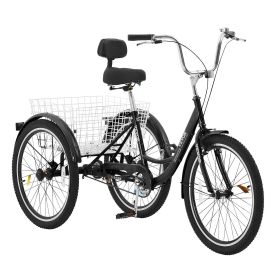 VEVOR Adult Tricycles Bike, 20 Inch Three-Wheeled Bicycles, 3 Wheel Bikes Trikes, Carbon Steel Cruiser Bike with Basket & Adjustable Seat (Color: black, Wheel Diameter: 20 inch)