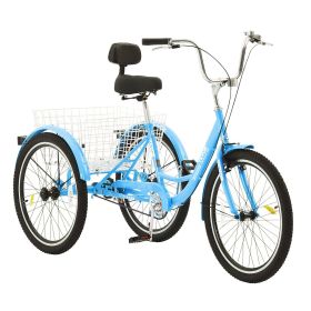 VEVOR Adult Tricycles Bike, 24 Inch Three-Wheeled Bicycles, 3 Wheel Bikes Trikes, Carbon Steel Cruiser Bike with Basket & Adjustable Seat (Color: Blue, Wheel Diameter: 24 inch)